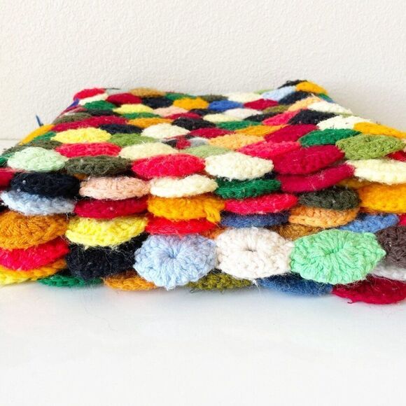Vintage Afghan Blanket 55 x 36.5 Yo-Yo Puff Fringe Rainbow Colored Crochet Throw - Picture 5 of 10